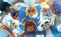  1other 2016 2d 3boys 3girls alphys ambiguous_gender animal_ears animal_nose anthro arm_on_another's_shoulder armor black_eyepatch black_tank_top blue_jacket blue_skin blue_sky blue_sweater body_fur brothers brown_hair buck_teeth cape child clouds coat colored_sclera colored_skin colored_teeth commentary day delta_rune_(symbol) delta_rune_print digital_media dinosaur dinosaur_girl double_horizontal_stripe droopy_ears ear_fins english_commentary eyepatch fangs female fins fish fish_girl floppy_ears flower flowey_(undertale) frisk_(undertale) from_below furry furry_female furry_male gloves goat goat_ears goat_girl goat_horns grey_hood head_fins height_difference high_ponytail highres hollow_eyes hood hood_down hooded_jacket horizontal-striped_clothes horns human humanoid jacket kerstin_edin lab_coat lizard lizard_girl long_hair long_sleeves looking_at_viewer male mammal monster monster_boy monster_girl multiple_boys multiple_girls open_clothes open_jacket papyrus_(undertale) pink_stripes plant ponytail purple_robe red_cape red_gloves red_hair red_scarf reptile reptile_girl reptile_tail robe sans_(undertale) scalie scarf sharp_teeth shirt short_hair siblings signature skeleton skin_fangs sky slit_pupils smile striped_clothes striped_sweater sun sweater tank_top teeth toriel two-tone_sweater undead undertale undyne utdr_(toby_fox) white_armor white_coat white_fur white_horns white_shirt white_sleeves yellow_flower yellow_sclera yellow_skin yellow_teeth 