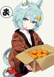  1girl :o animal_ears blue_eyes blush box cardboard_box commentary_request double-parted_bangs ear_covers food foot_out_of_frame fruit green_hair green_socks hair_between_eyes haori highres holding holding_box horse_ears horse_girl jacket japanese_clothes looking_at_viewer mandarin_orange open_mouth pants plaid_clothes plaid_haori red_pants seiun_sky_(umamusume) short_hair simple_background single_ear_cover slippers socks solo speech_bubble standing totomono umamusume white_background white_jacket white_slippers zipper 