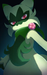  1other animal_ears cat_ears floragato furry green_fur highres looking_at_viewer pokemon pokemon_(creature) pokemon_focus red_eyes rumine_(yoshi1234567) simple_background underlighting 
