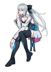  1girl absurdres black_bow black_thighhighs blue_eyes bow cancanbaobao55 closed_mouth dress fate/grand_order fate_(series) grey_hair hair_bow hand_on_own_chin highres invisible_chair long_hair morgan_le_fay_(fate) ponytail simple_background sitting solo thigh-highs white_background 
