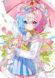  1girl animal_ears artist_name bear_ears blue_eyes blue_hair blue_skirt blush bow choker closed_mouth collarbone cowboy_shot double_bun flower green_neckerchief hair_bun hair_ornament heterochromia highres holding holding_umbrella hood hood_up hooded_jacket jacket leaf long_sleeves looking_at_viewer mihuashi_logo mihuashi_username multicolored_hair neckerchief open_clothes open_jacket original pink_eyes pink_flower pink_hair pink_ribbon pleated_skirt rain rainbow raincoat ribbon sailor_collar school_uniform serafuku shirt short_hair skirt solo teruterubouzu umbrella watermark white_background white_hair yuanbanshao 