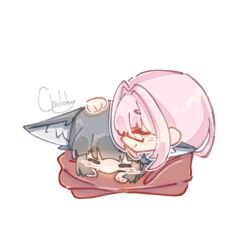  2girls animal_ears black_hair blush chibi chiiloby closed_eyes commentary english_commentary fox_ears fox_girl hand_on_another's_head highres hoshimi_miyabi long_hair multiple_girls pink_hair simple_background smile tsukishiro_yanagi white_background yuri zenless_zone_zero 