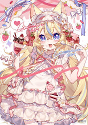  1girl :d animal_ear_fluff animal_ears bag blonde_hair blue_eyes blue_hair blush bow braid cat_ears cowboy_shot cream dress fang flower food food-themed_hair_ornament food_on_face frilled_dress frilled_hairband frills fruit hair_between_eyes hair_flower hair_ornament hairband heart highres holding holding_food holding_spoon long_hair looking_at_viewer mihuashi_logo mihuashi_username multicolored_hair open_mouth original parfait ribbon shoulder_bag sleeveless sleeveless_dress smile solo spoken_heart spoon strawberry strawberry_hair_ornament streaked_hair very_long_hair watermark white_bow white_dress white_flower yuanbanshao 