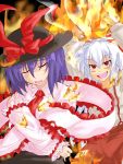  bad_id fire flames fujiwara_no_mokou hat long_hair nagae_iku pants purple_hair ribbon ribbons short_hair silver_hair tears touhou you_gonna_get_raped yude 