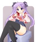  crossed_legs fang hair_ribbon hiiragi_kagami long_hair lucky_star no_pants ojitcha one-piece_swimsuit purple_eyes purple_hair ribbon school_swimsuit school_uniform serafuku sitting solo swimsuit swimsuit_under_clothes thigh-highs thighhighs thighs tsurime twintails violet_eyes wide_hips 