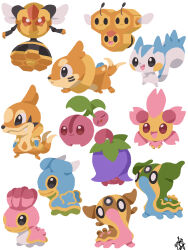  :d absurdres buizel cherrim cherrim_(overcast) cherrim_(sunshine) cherubi chibi chibi_only closed_mouth combee commentary_request dot_nose fang floatzel full_body gastrodon gastrodon_(east) gastrodon_(west) highres multiple_tails no_humans o_o open_mouth pachirisu pokemon pokemon_(creature) pokemon_focus shellos shellos_(east) shellos_(west) signature simple_background smile solid_oval_eyes t_tsudaka tail vespiquen white_background 