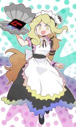  1girl alternate_costume black_hairband black_shoes black_wrist_cuffs blonde_hair blush censored clam_shell commentary_request dress enmaided frilled_sleeves frills full_body hair_ornament hairband highres kurachi_mizuki long_hair looking_at_viewer maid mosaic_censoring open_mouth puffy_short_sleeves puffy_sleeves shell shell_hair_ornament shoes short_sleeves smile solo touhou very_long_hair watari_nina wrist_cuffs yellow_eyes 