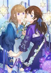  2girls blonde_hair blue_bow blue_bowtie blue_dress blue_eyes blue_ribbon bow bowtie braid commentary_request covered_mouth dress flower hair_bow hair_over_shoulder half_up_braid highres holding holding_flower holding_hands hydrangea long_hair long_sleeves looking_at_viewer looking_back multiple_girls original purple_dress purple_flower reilee ribbon rose signature standing turning_head twin_braids two-tone_dress violet_eyes white_flower white_lily white_rose wispy_bangs yuri 