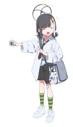 1girl absurdres bag bandaid bandaid_on_leg belt black_hair black_necktie blue_archive closed_eyes collared_shirt commentary facing_viewer full_body gom_(kooskoo) green_socks hair_ornament hairpin halo highres holding id_card long_sleeves millennium_science_school_logo multicolored_hair necktie notice_lines open_mouth pointing shirt shoes short_twintails shoulder_bag sidelocks simple_background socks solo standing streaked_hair striped_clothes striped_socks swept_bangs tsubasa_(blue_archive) twintails white_background white_bag white_belt white_hair white_shirt white_shoes 