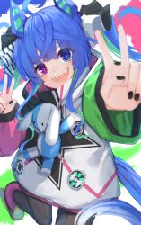  1girl @_@ absurdres ahoge animal_ears black_nails blue_eyes blue_hair blush brown_leggings coat commentary_request crossed_bangs double_v drawstring heterochromia highres hood hooded_coat hoodie horse_ears horse_girl horse_tail leggings long_hair long_sleeves looking_at_viewer multicolored_coat multicolored_hair multicolored_hoodie nodoameyatou open_mouth sharp_teeth smile solo stuffed_animal stuffed_rabbit stuffed_toy tail teeth twin_turbo_(blast_mode!_turbo_engine)_(umamusume) twin_turbo_(umamusume) twintails umamusume upper_teeth_only v violet_eyes 