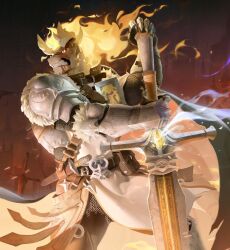  1boy angry armor belt blood blood_from_mouth blood_on_face bumbleb63507914 chainmail claymore_(sword) clenched_teeth colored_sclera commentary_request cowboy_shot dragon_boy dragon_horns fiery_hair frown fur_trim furry furry_male gauntlets gem glowing glowing_eyes highres horns huge_weapon knife_sheath layered_clothes male_focus original sheath sheathed shoulder_armor solo teeth tunic waist_bag weapon white_tunic yellow_gem yellow_sclera 