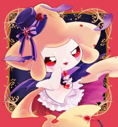  1other :p ascot banchiku border bright_pupils brooch cape closed_mouth clothed_pokemon colored_skin fang floating flower full_body gem hat highres jewelry jirachi looking_at_viewer other_focus pokemon pokemon_(creature) pokemon_focus purple_background purple_cape purple_hat purple_ribbon red_border red_eyes red_flower red_gem red_rose ribbon rose simple_background solo tanzaku tongue tongue_out white_ascot white_pupils white_skin 