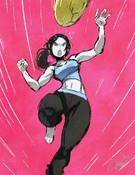  1girl abs ball barefoot black_hair breasts capri_pants choker clenched_hand colored_skin crop_top emphasis_lines grey_eyes jumping kicking long_hair medium_breasts midriff motion_blur motion_lines navel open_mouth pants pink_background ponytail simple_background solo speed_lines sportswear standing standing_on_one_leg tank_top throwing toned tyson_hesse volleyball volleyball_(object) white_skin wii_fit wii_fit_trainer_(female) 