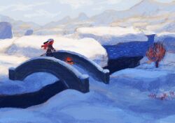  1girl akari_(pokemon) black_hair commentary_request cyndaquil headscarf long_hair long_sleeves outdoors pokemon pokemon_(creature) pokemon_legends:_arceus red_scarf river scarf scenery snow solo waniwanii.com white_headscarf winter 