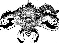  absurdres bug godzilla godzilla_(minus_one) godzilla_(series) godzilla_minus_one godzilla_minus_zero greyscale highres immobilization insect_wings kaiju monochrome moth moth_wings mothra non-web_source powering_up saturated tail traditional_media wings 
