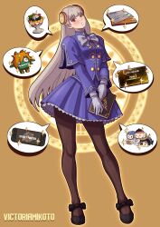  1girl absurdres amaterasu_(ookami) artist_name black_shoes blanka-chan blush book brown_pantyhose capcom capcom_fighting_jam character_doll commentary_request credit_card date_masamune_(sengoku_basara) doll felyne food gloves grey_hair hairpods highres ingrid_(capcom) jacket long_hair mary_janes mega_man_(character) mega_man_(series) mochikororin monster_hunter_(series) neck_ribbon nintendo_switch_2 ookami_(game) open_mouth pantyhose parfait purple_jacket purple_skirt red_eyes ribbon ryu_(street_fighter) sengoku_basara shoes skirt solo street_fighter street_fighter_6 stuffed_toy victoria_mikoto white_gloves white_ribbon 