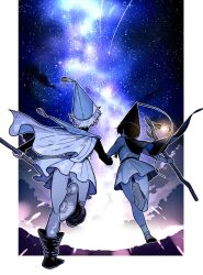  2boys aged_down black_hair boots border cape clouds from_behind futsutsuka hat highres holding holding_hands holding_staff leg_up multiple_boys night olruggio_(tongari_boushi_no_atelier) outdoors qifrey_(tongari_boushi_no_atelier) shoe_soles short_hair skirt sky staff star_(sky) starry_sky tongari_boushi_no_atelier walking white_border white_hair witch_hat wizard_hat 