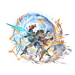  1girl bag blonde_hair blue_skin brown_gloves colored_skin dress fylkis gloves goggles goggles_on_head granblue_fantasy hair_ornament hair_rings holding holding_wrench laser long_hair looking_at_viewer machine minaba_hideo navel official_art open_mouth pointy_ears red_eyes satchel shoulder_bag single_thighhigh solo thigh-highs white_dress wrench 