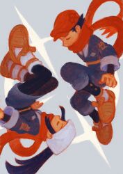  1boy 1girl absurdres akari_(pokemon) black_hair closed_eyes commentary_request grey_background hat headscarf highres jacket long_sleeves pokemon pokemon_legends:_arceus red_hat red_scarf rei_(pokemon) rotational_symmetry scarf scarf_over_mouth waniwanii.com white_headscarf 