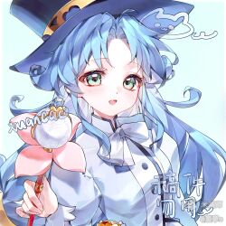  1girl blue_background blue_hair blue_jacket blush bow bowtie flower fushigiboshi_no_futago_hime green_eyes hat highres holding holding_wand jacket long_hair long_sleeves looking_at_viewer mihuashi_logo mihuashi_username open_mouth parted_bangs pink_flower puffy_sleeves rein_(futagohime) shirt smile solo upper_body wand watermark white_bow white_bowtie white_shirt witch_hat xuancaoo 