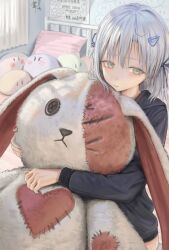 1girl absurdres bed black_shirt blue_ribbon blush calendar_(object) chinese_commentary commentary_request green_eyes grey_hair hair_ornament hair_ribbon hairclip heart highres hugging_doll hugging_object indoors jiawenqing long_hair long_sleeves looking_at_viewer original parted_lips pillow ribbon shirt signature sitting solo stuffed_animal stuffed_rabbit stuffed_toy 