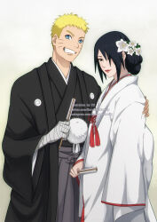  1boy 1girl absurdres bandaged_arm bandaged_hand bandages black_eyes black_hair black_kimono blonde_hair blue_eyes bride cubur facial_mark flower folding_fan from_side genderswap genderswap_(mtf) grin groom hair_bun hair_flower hair_ornament hair_over_one_eye hand_fan hand_on_another's_back highres holding holding_fan husband_and_wife japanese_clothes kimono light_smile lipstick looking_to_the_side makeup naruto_(series) naruto_shippuuden red_lips shiromuku short_hair sidelocks single_hair_bun smile spiky_hair uchiha_sasuke uchikake uzumaki_naruto whisker_markings white_flower 