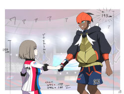 1boy 1girl aqua_eyes black_gloves black_hair black_hoodie blue_shorts brown_hair closed_mouth commentary_request diagonal-striped_hat dynamax_band glassy0302 gloves grey_eyes grin gym_challenge_uniform handshake hat height height_difference highres hood hood_down hoodie kuraishi_ringo_(glassy0302) long_sleeves orange_hat original pokemon pokemon_sword_and_shield raihan_(pokemon) shirt short_hair shorts signature single_glove smile teeth translation_request white_shirt 