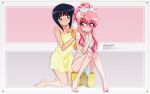  1920x1200 artist_request barefoot black_hair blue_eyes highres long_hair louise_francoise_le_blanc_de_la_valliere naked_towel pink_eyes pink_hair ponytail short_hair siesta towel towel_wrap wallpaper zero_no_tsukaima 