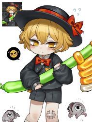  1boy 1mingk aged_down animal_bag axe black_hat black_jacket black_shoes blonde_hair blush bow bowtie child closed_mouth commentary gauze_on_knee hat hat_bow highres holding holding_weapon jacket limbus_company limbus_kindergarten_uniform official_alternate_costume project_moon red_bow red_bowtie shoes simple_background sinclair_(project_moon) socks solo untranslatable_commentary weapon white_background white_socks yellow_eyes 