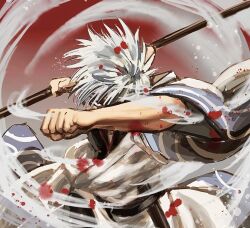  1boy belt black_belt blood bokken clenched_hand commentary_request gintama hadanugi_dousa holding holding_sword holding_weapon japanese_clothes kimono long_sleeves male_focus messy_hair misohmkn sakata_gintoki solo sword visible_air weapon white_hair white_kimono wooden_sword 
