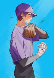  1boy alternate_costume arm_up arms_up ball baseball baseball_cap baseball_jersey baseball_mitt blue_hair blue_sky dyga2tu4 from_side green_eyes grey_pants hat highres holding holding_ball jersey kenmochi_touya male_focus nijisanji open_mouth outdoors pants parted_bangs profile purple_hat sky solo sweat virtual_youtuber 