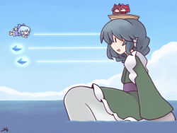  216 4girls animal_ears black_shirt blue_bow blue_dress blue_hair blue_sky boat bow brooch brown_hair cape chibi cirno crystal double-parted_bangs dress fins flying frilled_dress frilled_kimono frills from_side giant giantess green_kimono grey_hair hair_bow head_fins imaizumi_kagerou japanese_clothes jewelry kimono laser layered_kimono long_hair long_sleeves medium_hair merfolk mermaid monster_girl multiple_girls obi object_on_head ocean open_mouth options_(shmup) parodius parody purple_sash red_cape red_hair sash sekibanki shirt short_hair short_sleeves signature sitting size_difference sky sleeves_past_fingers sleeves_past_wrists smile touhou upper_body wakasagihime watercraft wide_sleeves wolf_ears 