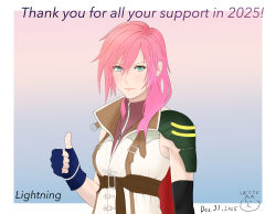  1girl absurdres artist_logo blue_gloves character_name closed_mouth commentary_request dated english_text final_fantasy final_fantasy_xiii fingerless_gloves gloves gradient_background green_eyes hair_between_eyes highres light_smile lightning_farron lipstick logo long_hair looking_at_viewer makeup parted_bangs pink_hair pink_lips simple_background single_shoulder_pad smallspoonsalt smile solo thumbs_up upper_body 