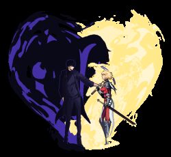  1boy 1girl animated animated_gif armor aura black_coat black_hair blonde_hair bob_cut breasts bridal_gauntlets character_request coat couter dark_aura english_commentary fiery_aura floating_hair full_body greaves heart holding holding_pickaxe holding_sword holding_weapon long_sleeves medium_breasts pauldrons pickaxe pixel_art poleyn sabaton short_hair shoulder_armor solo_leveling standing steel_joe sword tabard trench_coat vambraces weapon white_tabard yellow_aura 