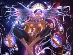  1girl anklet baggy_pants barefoot black_pants blue_clouds blue_gem cape commentary dated facing_viewer floating gem giant glowing glowing_eyes glowing_object glowing_veins gold_anklet gold_corset grey_eyes halo halo_behind_head highres im_yul_p jewelry legs_up levitation long_hair looking_at_viewer nebula orrery pants path_of_exile red_clouds signature sky solo space star_(sky) starry_sky the_maven very_long_hair waist_cape white_hair yellow_cape 