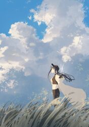  1girl absurdres baseball_cap black_hair black_pants blue_archive blue_halo cloak clouds commentary_request floating_hair grass halo hat highres kani_etizen03 long_hair pants saori_(blue_archive) scenery sky solo white_cloak wind 