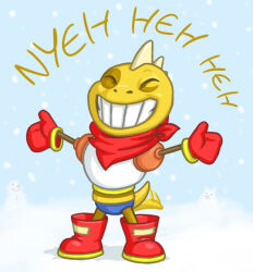  1other 2015 2d ^_^ alternate_costume annoying_dog anthro aqua_background armor birvan blue_shorts boots child closed_eyes colored_skin commentary cosplay digital_media dog english_commentary full_body gloves grin lizard lizard_tail monster monster_kid_(undertale) other_focus papyrus_(undertale)_(cosplay) plunger red_boots red_gloves red_scarf reptile reptile_tail scalie scarf shorts smile snowman solo standing tail_wagging teeth text two-tone_background undertale utdr_(toby_fox) white_armor white_background yellow_skin 