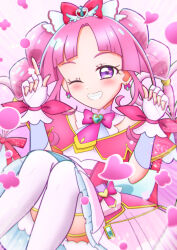  1girl ;d absurdres back_bow bare_shoulders blue_bow blunt_bangs blush bow bow_earrings bowtie braid brooch capelet commentary cure_mystique curled_fingers curtained_hair dress earrings fingerless_gloves fingernails glove_bow gloves gold_trim gradient_background grin hair_bow hair_ornament hair_ribbon hands_up heart heart_brooch heart_in_eye highres index_finger_raised jewelry knees_up kobayashi_mikuru long_hair looking_at_viewer magical_girl meitantei_precure! nail_polish off-shoulder_dress off_shoulder one_eye_closed pact_holder parted_bangs pink_background pink_bow pink_bowtie pink_capelet pink_dress pink_hair pink_nails pouch precure red_bow red_ribbon revaspa_picture ribbon sidelocks smile solo symbol_in_eye teeth thick_eyebrows thigh-highs twin_braids very_long_hair violet_eyes watermark white_background white_gloves white_thighhighs wing_hair_ornament 