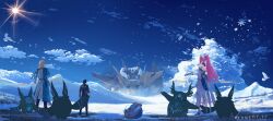  1girl 2boys absurdres aemeath_(wuthering_waves) black_jacket blue_sky coat commentary day english_commentary exostrider_(wuthering_waves) highres jacket luuk_herssen_(wuthering_waves) male_rover_(wuthering_waves) multiple_boys outdoors pink_hair ponytail rover_(wuthering_waves) sky snow soliskin_(wuthering_waves) standing twitter_username white_coat wuthering_waves yuuchi_ir 