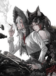  2girls animal_ear_fluff animal_ear_piercing animal_ears bare_shoulders behind_another between_fingers black_hair black_hat black_nails black_shirt blue_eyes character_request cigarette claw_ring closed_mouth collared_jacket colored_tips commission copyright_request cropped_jacket cross cross_earrings detached_sleeves earrings ears_through_headwear exhaling_smoke from_side fur-trimmed_hood fur_trim garter_straps greyscale hair_between_eyes hat hat_ornament high_collar highres holding holding_cigarette hood jacket jewelry kim_srm leaning_on_person long_hair long_hair_between_eyes long_sleeves mihuashi_commission miniskirt monochrome motor_vehicle motorcycle multicolored_hair multiple_girls multiple_riders multiple_rings nail_polish on_motorcycle one_side_up open_clothes open_jacket parted_lips red_eyes red_skirt red_streaks ring shirt simple_background skirt smoke smoke_trail smoking streaked_hair watermark watermark_grid white_background white_jacket yuri 
