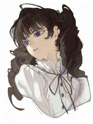  1girl black_ribbon brown_hair commentary cropped_torso drill_hair english_commentary fear_&amp;_hunger_(series) fear_&amp;_hunger_2:_termina frilled_shirt_collar frills heikokuru1224 highres lips marina_(fear_&amp;_hunger) mole mole_above_mouth mole_under_mouth multiple_moles neck_ribbon nose portrait redrawn ribbon shirt simple_background sketch solo twin_drills upper_body violet_eyes white_background white_shirt 