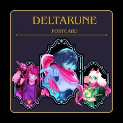  1:1 1boy 1girl 1other 2026 2d ambiguous_gender animal_ears animal_nose anthro armlet armor august_minner axe black_background black_jacket blue_hair blue_skin body_fur bodysuit border colored_sclera colored_skin colored_teeth copyright_name deltarune digital_media droopy_ears english_text fangs female floppy_ears furry furry_male gauntlets glasses goat goat_boy goat_ears green-framed_eyewear green_eyes green_robe hair_over_eyes holding holding_axe holding_weapon horns human image_sample jacket kris_(dark_world)_(deltarune) kris_(deltarune) lizard lizard_girl long_hair long_sleeves male monster monster_girl pants pink_hair pink_horns pink_scarf pink_skin postcard_(medium) purple_pants ralsei reptile reptile_girl robe round_eyewear scalie scarf sharp_teeth short_hair simple_background sleeveless sleeveless_jacket slit_pupils spiked_armlet susie_(dark_world)_(deltarune) susie_(deltarune) teeth text the_fun_gang trio upper_body utdr_(toby_fox) weapon white_fur yellow_sclera yellow_teeth 