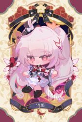  1girl black_choker black_hat black_shoes butterfly-shaped_pupils chibi chibi_only choker collar diamond_(shape) diamond_facial_mark facial_mark flower full_body grey_hair hat hat_ornament heart heart_facial_mark highres honkai:_star_rail honkai_(series) long_hair looking_at_viewer mini_hat muika_luk multicolored_hair pink_eyes pink_hair plaid_clothes plaid_sleeves rabbit_hat_ornament red_collar red_flower red_hair red_streaks shoes single_sock skirt sleeve_bell smile socks sparkle_(honkai:_star_rail) sparxie_(honkai:_star_rail) streaked_hair symbol-shaped_pupils twintails white_skirt white_socks 