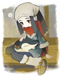  1girl absurdres akari_(pokemon) black_fur black_hair black_sash border closed_eyes commentary_request cyndaquil full_body galaxy_team_survey_corps_uniform grey_eyes grey_jacket grey_pantyhose headscarf highres indoors jacket long_hair looking_at_another loose_socks on_lap pantyhose petting pokemon pokemon_(creature) pokemon_legends:_arceus pokemon_on_lap ponytail red_scarf sakutake_(ue3sayu) sandals sash scarf sidelocks simple_background sitting socks white_border white_headscarf yellow_fur zzz 
