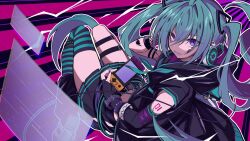  1girl adjusting_headphones aqua_hair arm_ribbon arm_tattoo bead_bracelet beads black_leg_warmers black_skirt bracelet facial_tattoo fang fingernails fishnet_gloves fishnets full_body gloves hair_between_eyes handheld_game_console hatsune_miku heart heart_tattoo jacket jewelry leg_belt leg_warmers long_hair miku_day multicolored_skirt nail_polish number_tattoo open_mouth outline pleated_skirt purple_nails ribbon sakura_mo_chiy shoe_soles short-sleeved_jacket short_sleeves single_thighhigh skirt solo striped_clothes striped_thighhighs tattoo teeth thigh-highs twintails upper_teeth_only very_long_hair violet_eyes vocaloid white_outline wrist_belt 