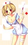  :3 apron bad_id bandages blonde_hair blush bow breasts cleavage drugs hat highres large_breasts leaning_forward nurse nurse_cap open_mouth original pill red_eyes short_hair solo syringe yuga 