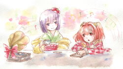  2girls :o apron bell blush_stickers book bow checkered_clothes checkered_kimono closed_mouth commentary_request cup flower green_kimono hair_bell hair_flower hair_ornament hand_on_book hieda_no_akyuu holding holding_cup japanese_clothes kimono looking_at_another minus_(sr_mineka) motoori_kosuzu multiple_girls musical_note open_mouth orange_eyes orange_hair phonograph purple_hair red_bow red_kimono short_hair smile touhou yellow_apron yellow_kimono 