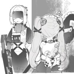  2girls chinese_commentary circular_saw commentary_request corin_wickes dress eye_mask flying_sweatdrops gun holding holding_gun holding_weapon long_hair maid maid_headdress mask monochrome multiple_girls navel open_mouth pants ponytail rifle saw sniper_rifle trigger_(zenless_zone_zero) tudouwei_de_guodong twintails weapon zenless_zone_zero 