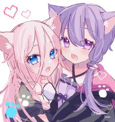  2girls :3 :d absurdres animal_ear_fluff animal_ears black_jacket blue_eyes blue_hair blush braid braided_sidelock breasts bright_pupils cat_ears cat_girl cevio cheek-to-cheek collarbone commentary_request criss-cross_halter dot_nose double-parted_bangs eyes_visible_through_hair frilled_shirt frills from_above grey_shirt hair_between_eyes hair_flaps hair_ornament halterneck hand_on_own_neck heads_together heart highres hood hood_down hooded_jacket ia_(vocaloid) jacket kemonomimi_mode layered_sleeves long_hair long_hair_between_eyes long_sidelocks long_sleeves looking_at_viewer multiple_girls open_clothes open_jacket pink_hair pink_hood pixel_art_inset purple_hair purple_shirt ribbed_shirt shirt short_hair_with_long_locks short_over_long_sleeves short_sleeves sidelocks simple_background sleeves_past_wrists small_breasts smile strapless strapless_shirt tareme tongue tsukizuumi twitter_username upper_body violet_eyes vocaloid voiceroid white_background yuzuki_yukari 