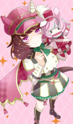  0niq 1girl absurdres animal_ears black_boots blush boots bow breasts brown_hair cape closed_mouth commentary_request ear_covers ears_through_headwear green_bow hair_between_eyes hand_puppet hat highres horse_ears horse_girl jacket long_sleeves looking_at_viewer marche_lorraine_(racing)_(umamusume) marche_lorraine_(umamusume) mismatched_ear_covers puppet red_cape short_hair skirt smile solo umamusume violet_eyes white_jacket 